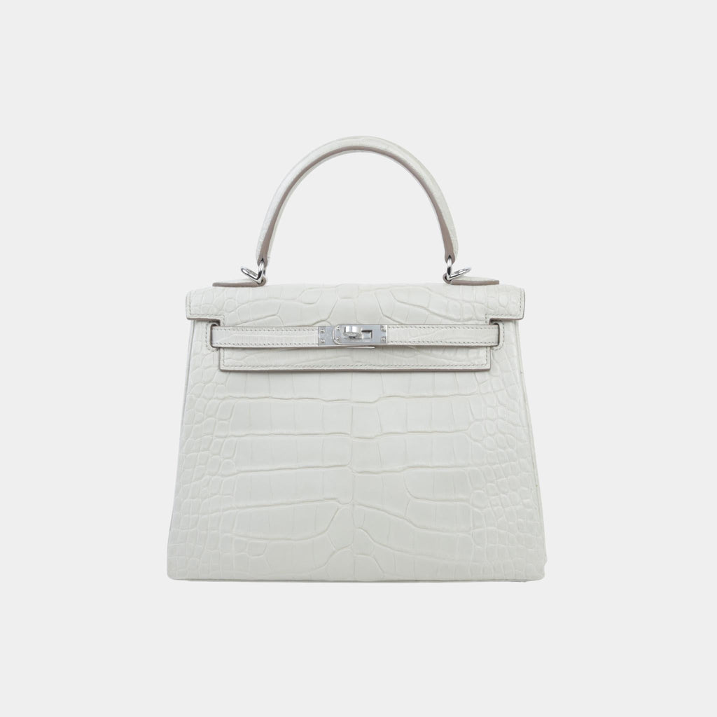 Kelly 25 Matte Alligator Beton Phw Hermes – Гарантія оригінальності – боковий вид