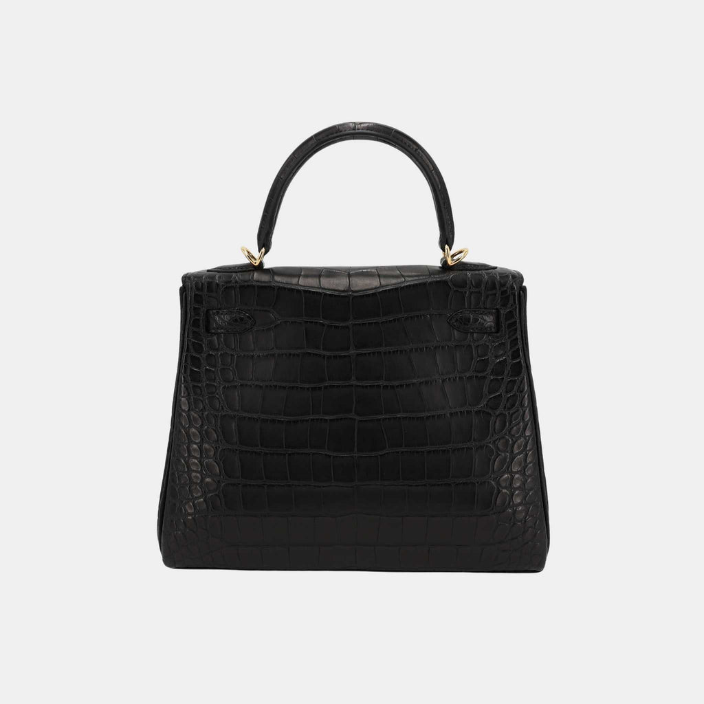 Kelly 25 Matte Alligator Black Ghw Hermes – Гарантія оригінальності – вид ззаду
