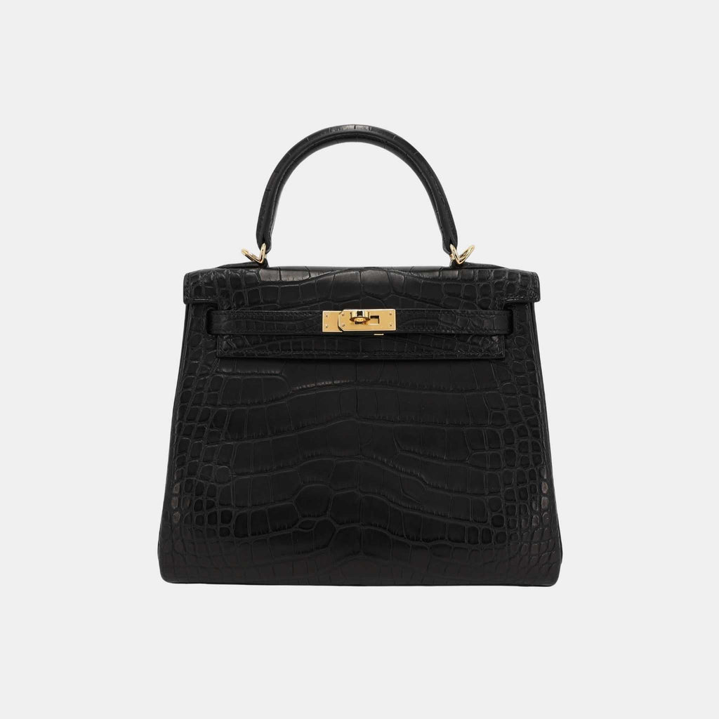 Kelly 25 Matte Alligator Black Ghw Hermes – Гарантія оригінальності – боковий вид