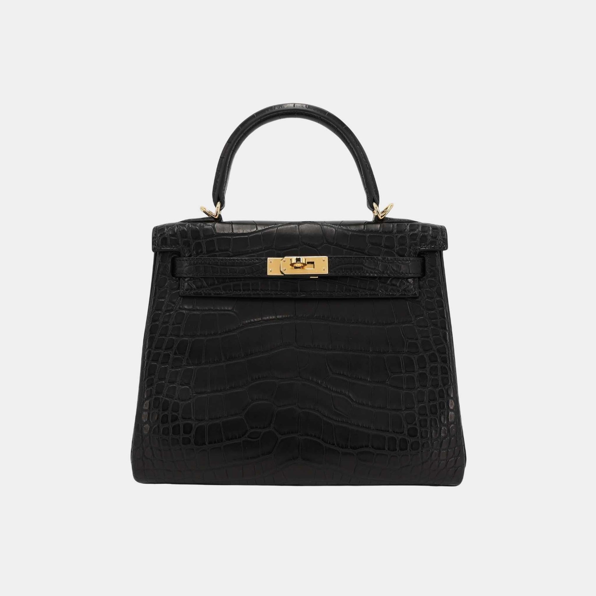 Kelly 25 Matte Alligator Black Ghw Hermes – Гарантія оригінальності – боковий вид
