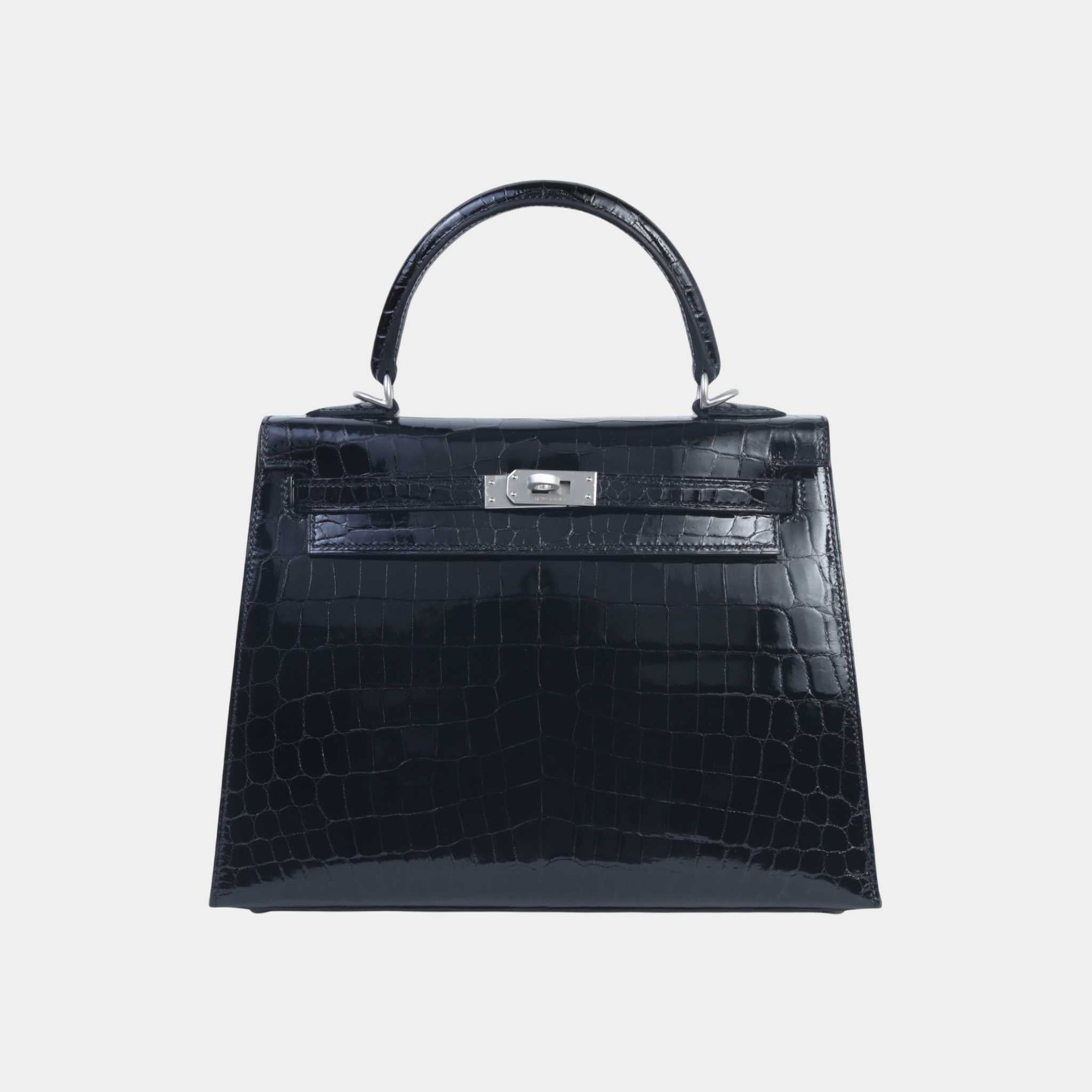 Kelly 25 Shiny Niloticus Crocodile Sellier Black Phw Hermes – Гарантія оригінальності – боковий вид