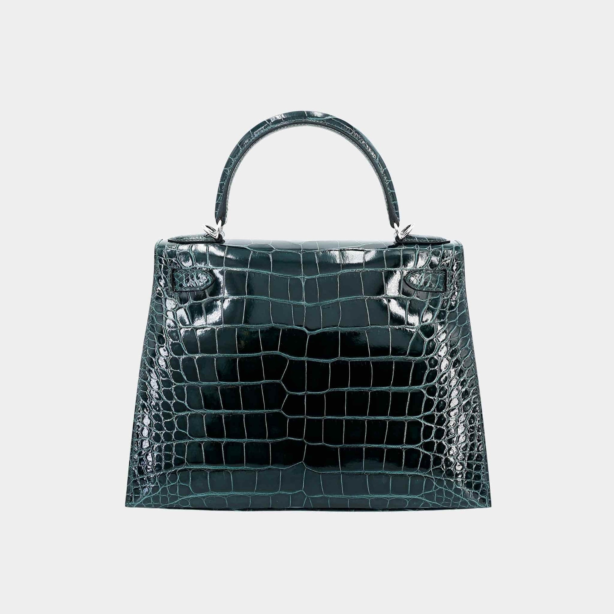 Оригінальна Kelly 28 Sellier Shiny Alligator Vert Cypress Phw Hermes – вид ззаду