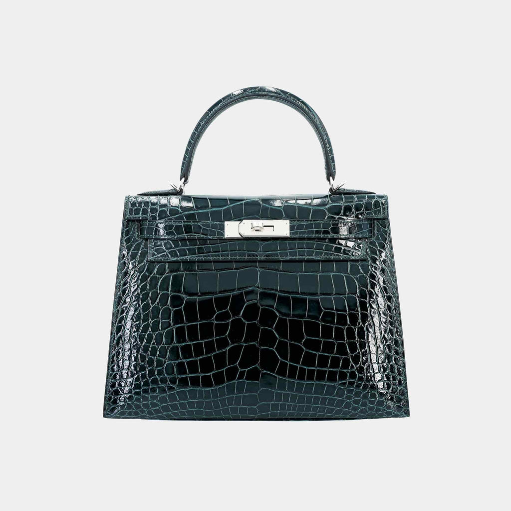 Оригінальна Kelly 28 Sellier Shiny Alligator Vert Cypress Phw Hermes – боковий вид