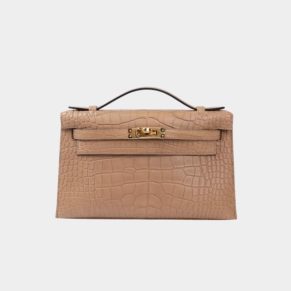 Kelly Pochette Matte Alligator Chai Ghw Hermes – Гарантія оригінальності – боковий вид