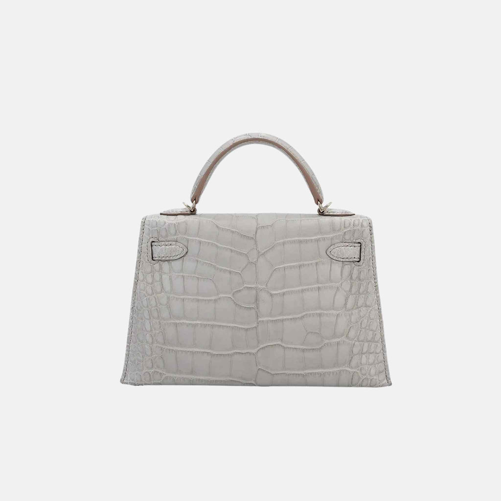 Оригінальна Mini Kelly Hss Matte Alligator Gris Perle Phw Hermes – вид ззаду