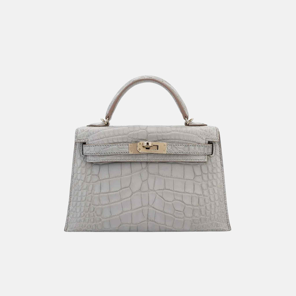 Оригінальна Mini Kelly Hss Matte Alligator Gris Perle Phw Hermes – боковий вид