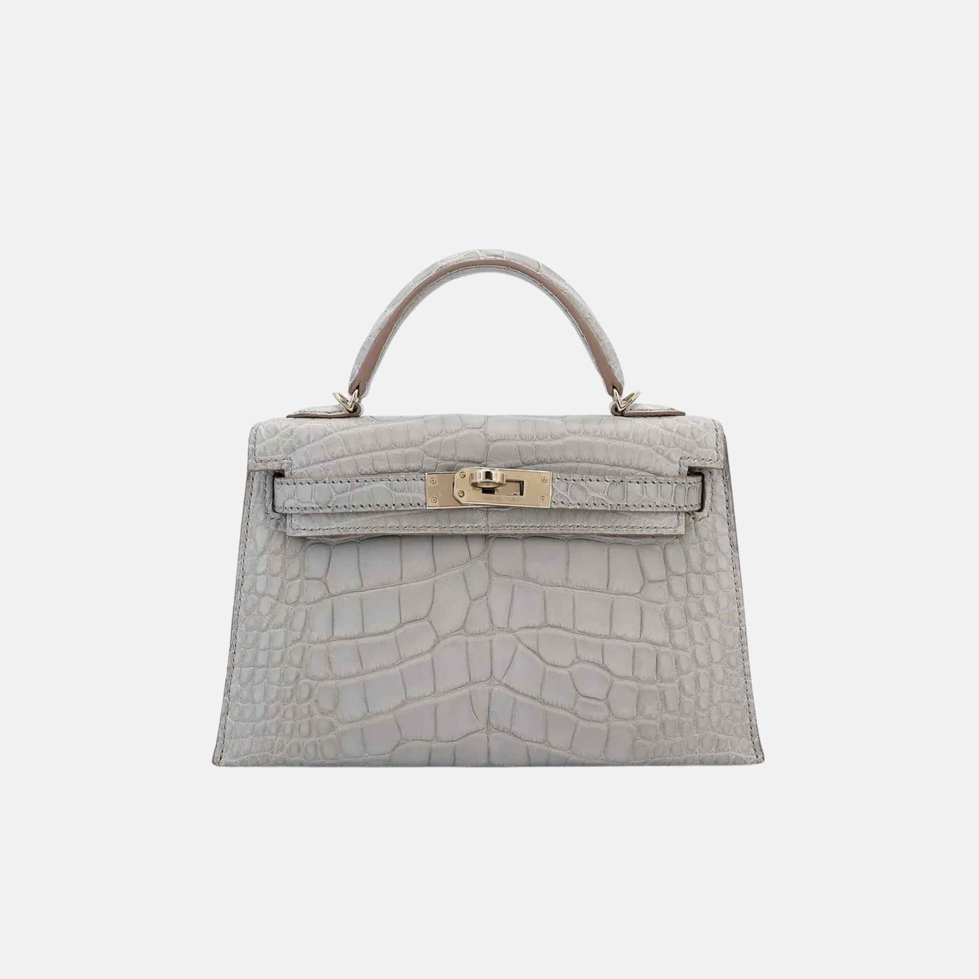 Оригінальна Mini Kelly Hss Matte Alligator Gris Perle Phw Hermes – боковий вид