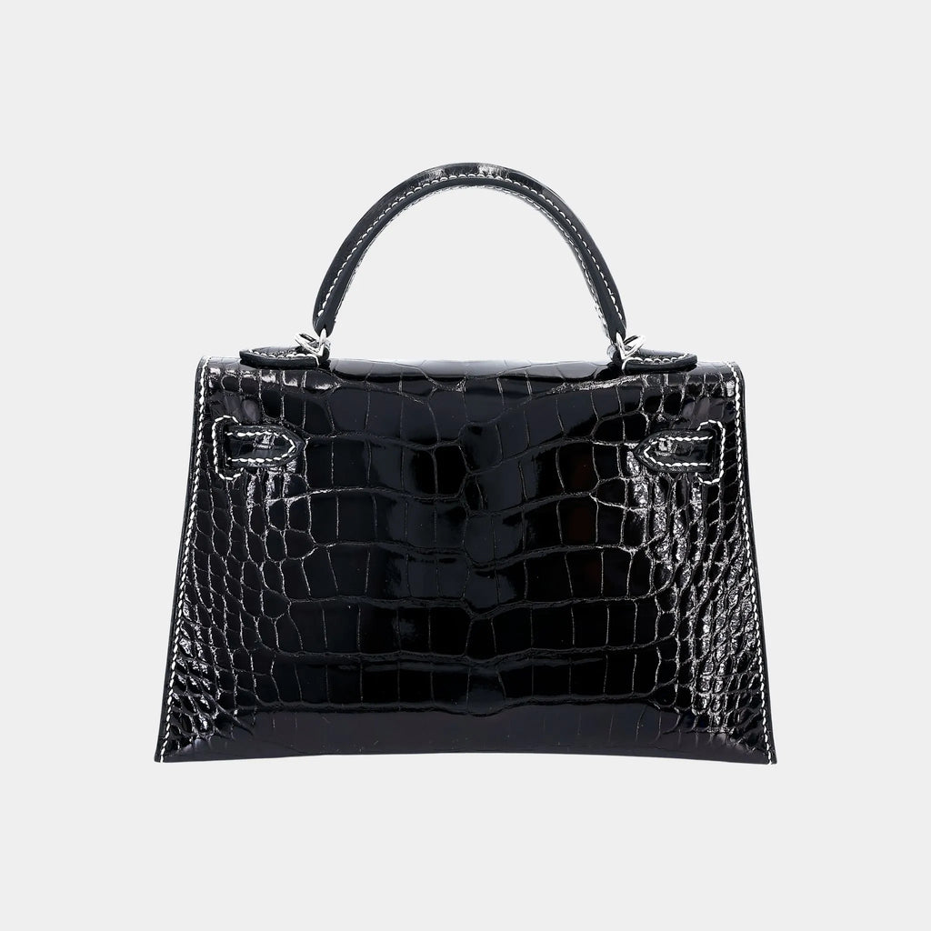 Оригінальна Mini Kelly II White Thread Shiny Alligator Black Phw Hermes – вид ззаду