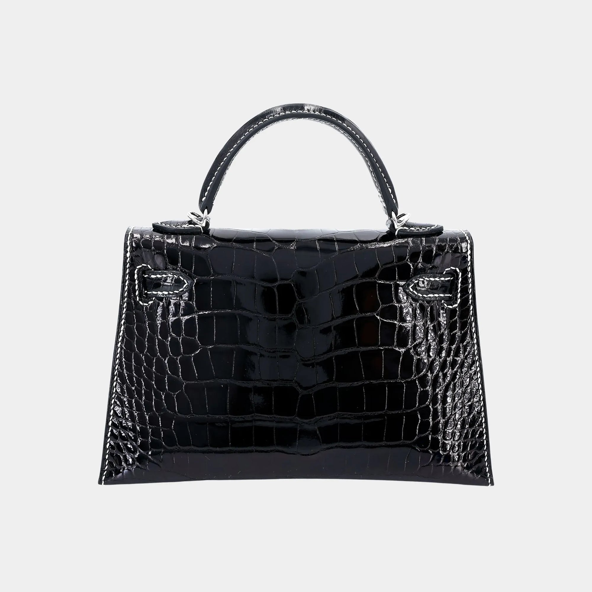 Оригінальна Mini Kelly II White Thread Shiny Alligator Black Phw Hermes – вид ззаду