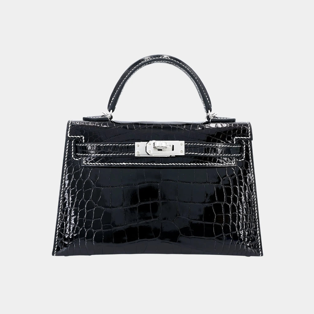 Оригінальна Mini Kelly II White Thread Shiny Alligator Black Phw Hermes – боковий вид