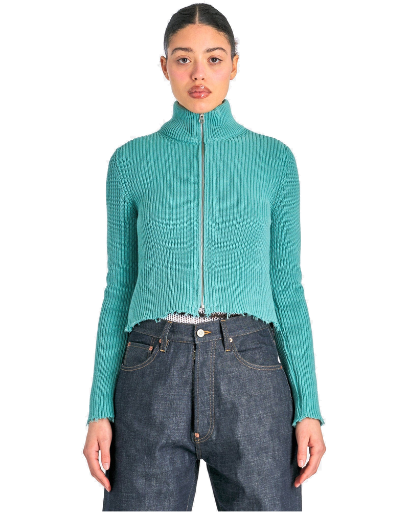 Distressed Rib Knit Trucker Jacket In Turquoise Maison margiela оригінал – Купити в Україні