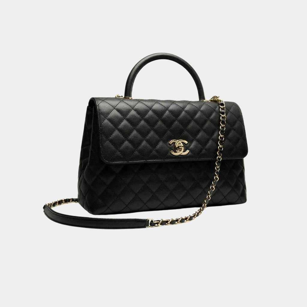 Maxi Flap Bag With Top Handle Grained Calfskin Gold Tone Metal Black Chanel оригінал – Купити в Україні – вид ззаду