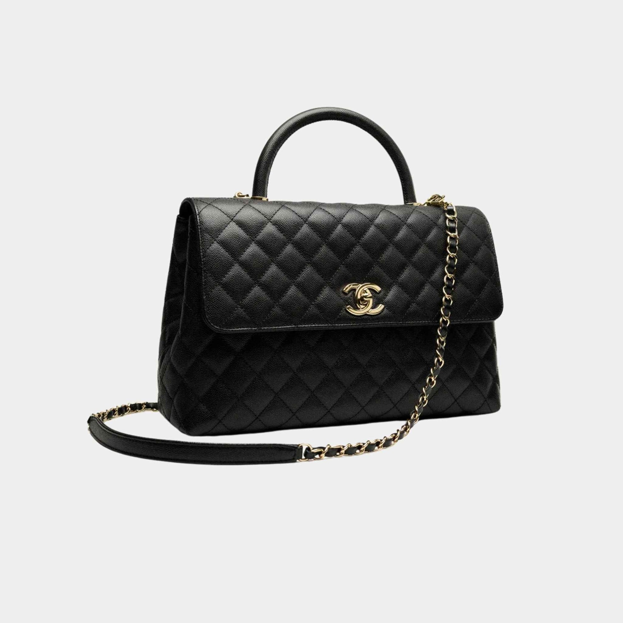 Maxi Flap Bag With Top Handle Grained Calfskin Gold Tone Metal Black Chanel оригінал – Купити в Україні – вид ззаду