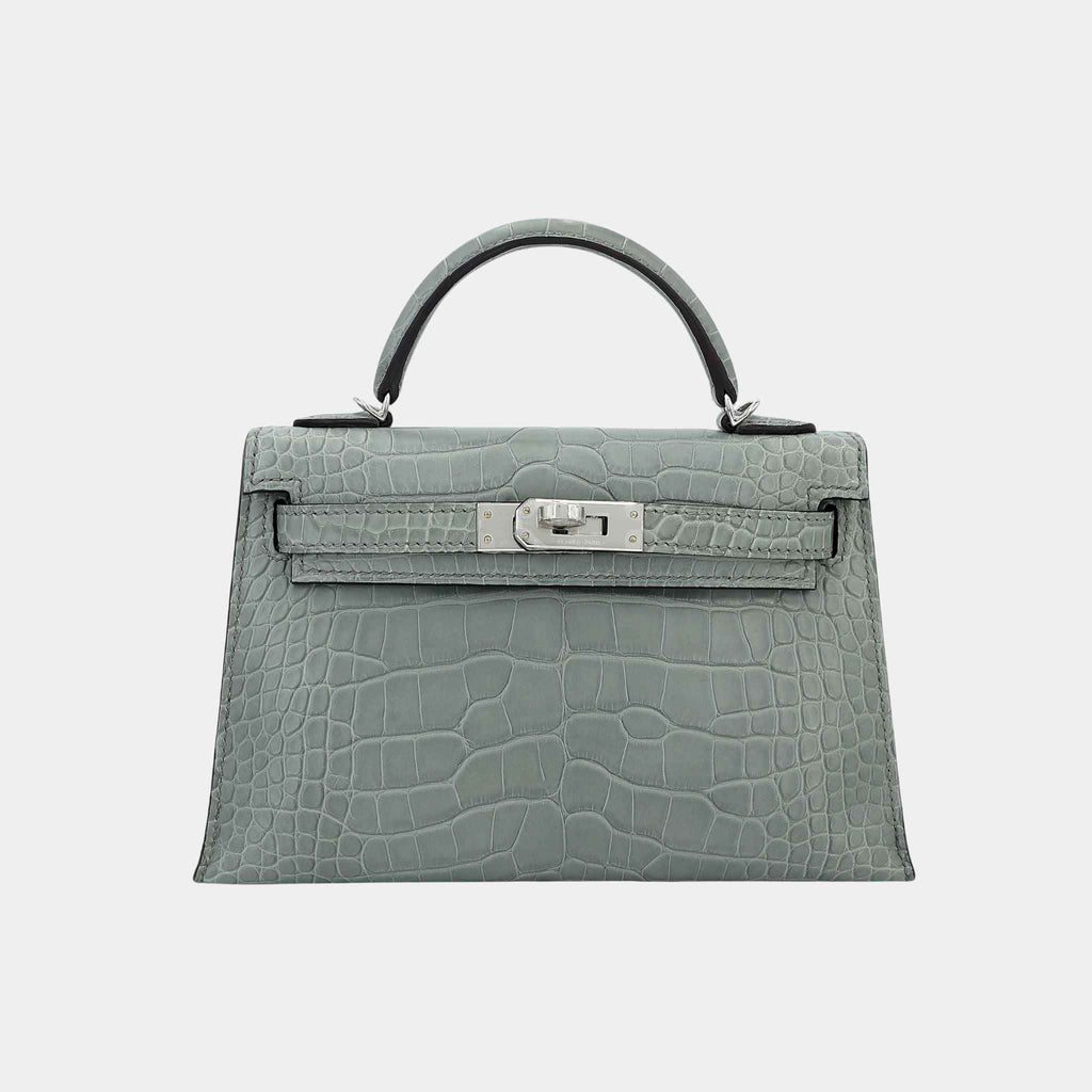 Оригінальна Mini Kelly II Matte Alligator Gris Ciment Phw Hermes – боковий вид