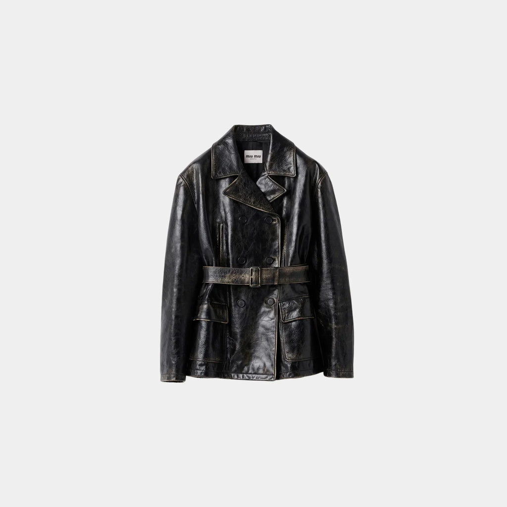Double-Breasted Calfskin Leather Caban Jacket Miu miu оригінал – Купити в Україні – боковий вид