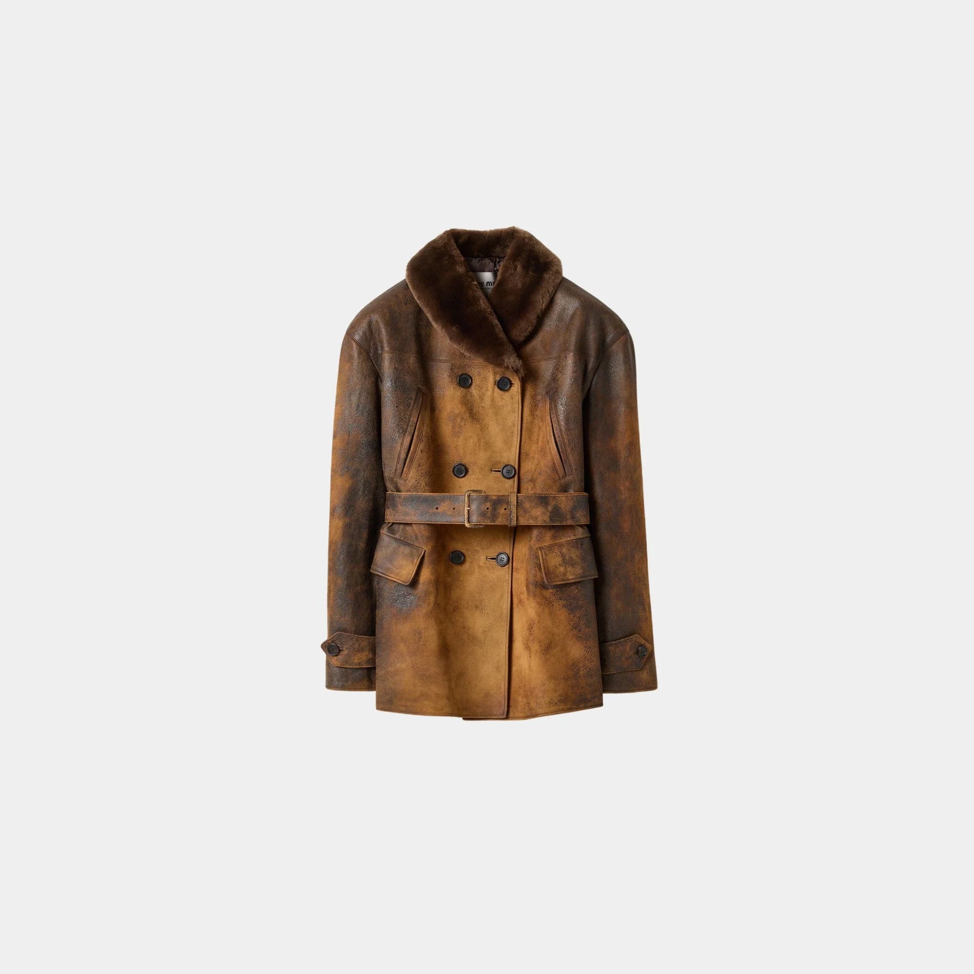 Оригінальна Double-Breasted Waxed Lambskin Suede Caban Jacket Miu miu – боковий вид