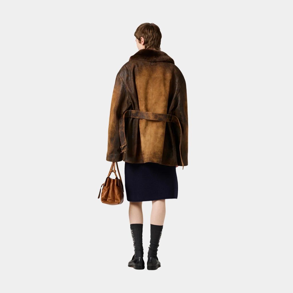 Оригінальна Double-Breasted Waxed Lambskin Suede Caban Jacket Miu miu – детальний вид