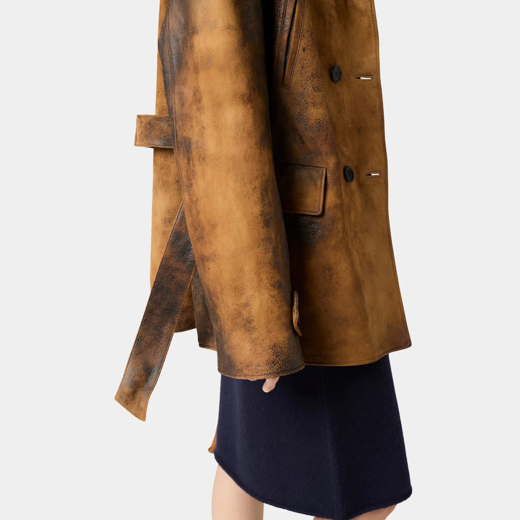Оригінальна Double-Breasted Waxed Lambskin Suede Caban Jacket Miu miu – збільшений вид