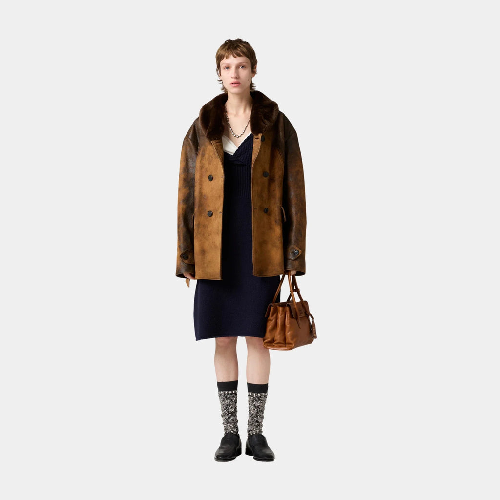 Оригінальна Double-Breasted Waxed Lambskin Suede Caban Jacket Miu miu – вид ззаду