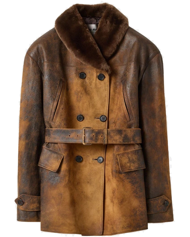 Оригінальна Double-Breasted Waxed Lambskin Suede Caban Jacket Miu miu