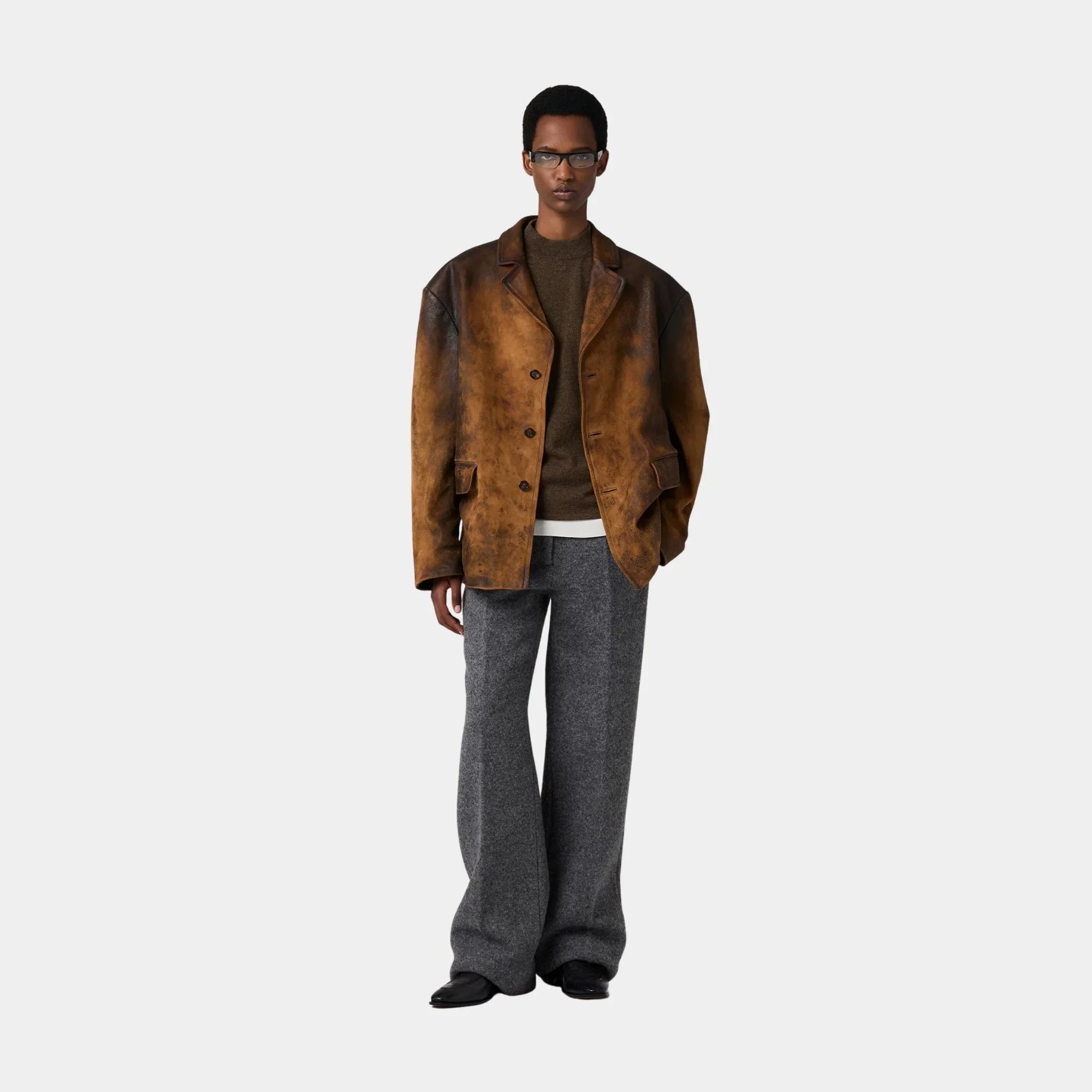 Оригінальна Waxed Suede Leather Buttoned Jacket Miu miu – вид ззаду