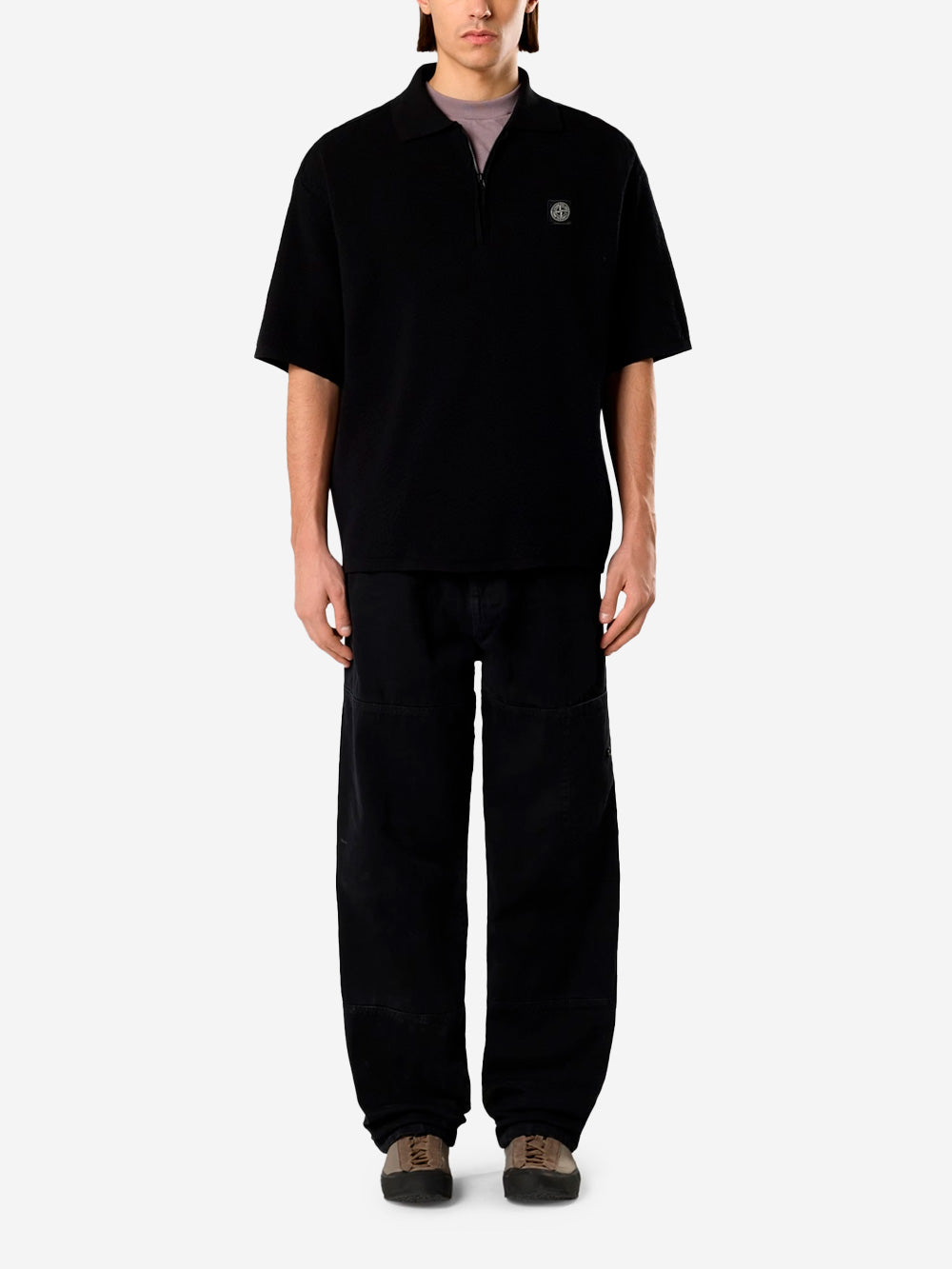 Оригінальна Black Short Sleeve Oversized Polo Shirt With Compass Zipper And Patch Stone island – вид ззаду