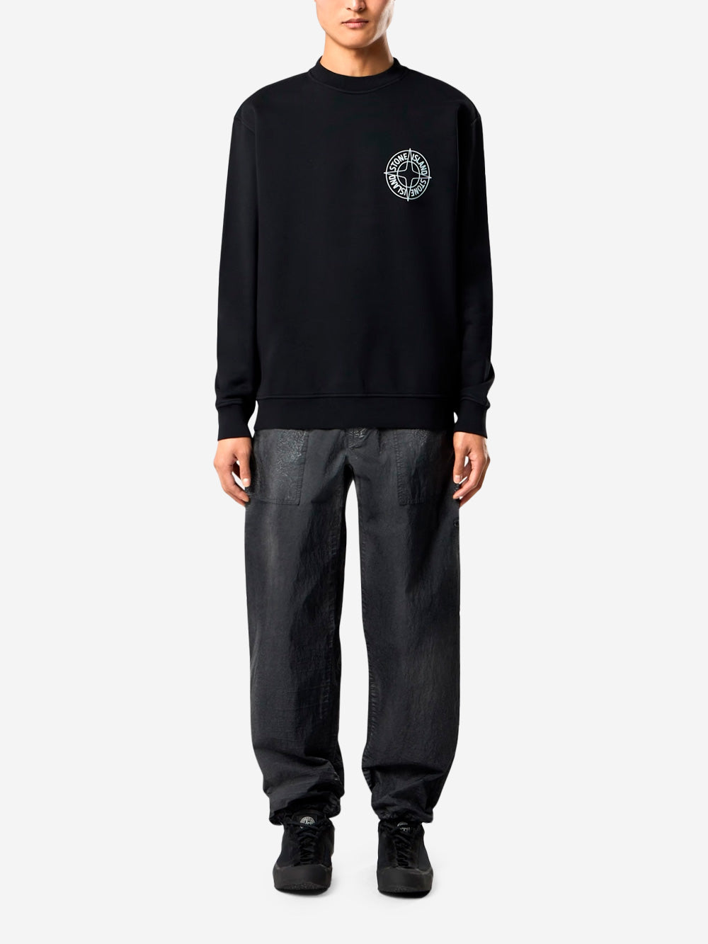Oversized Black Crewneck Sweatshirt With Outline Compass Print Stone island оригінал – Купити в Україні – вид ззаду