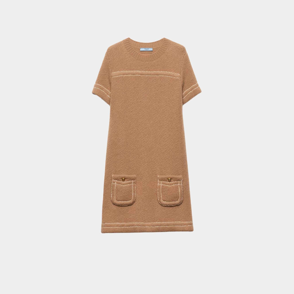 Camel Brown Cashmere Short Sleeved Mini-Dress Prada – Гарантія оригінальності – боковий вид