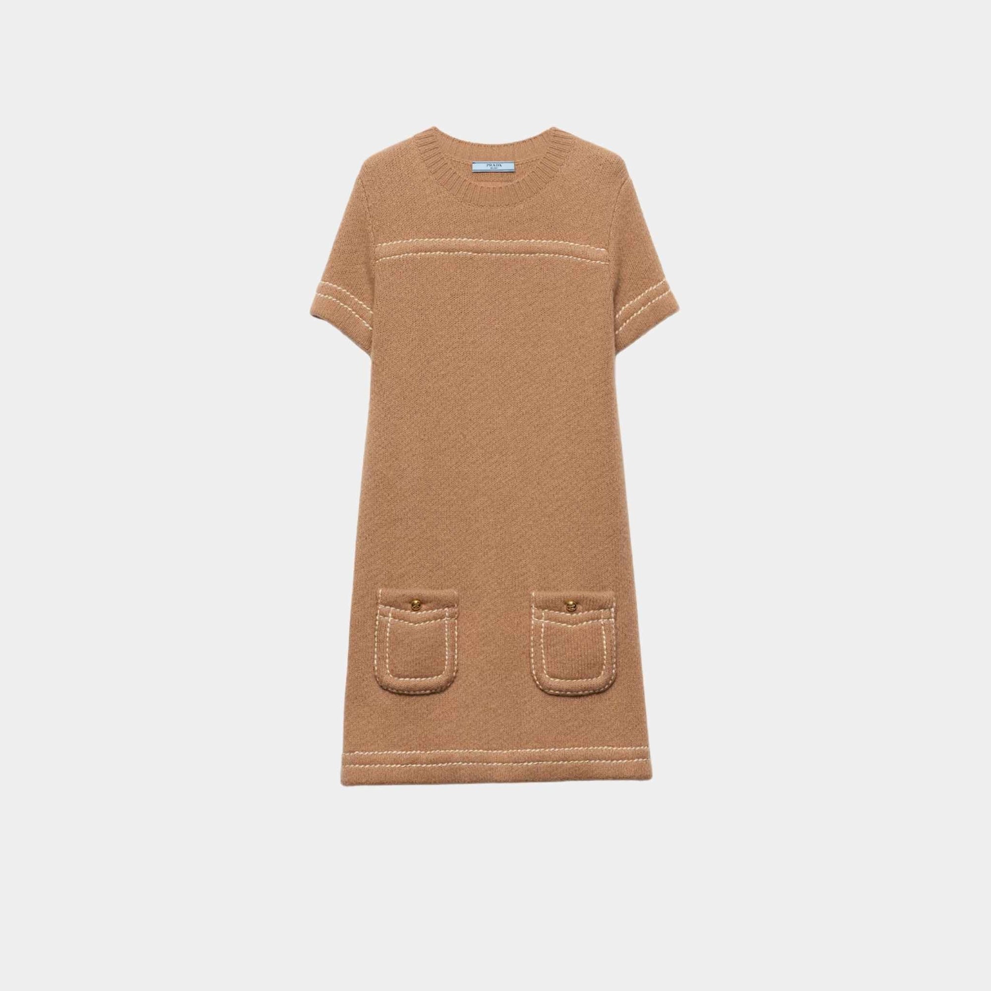 Camel Brown Cashmere Short Sleeved Mini-Dress Prada – Гарантія оригінальності – боковий вид