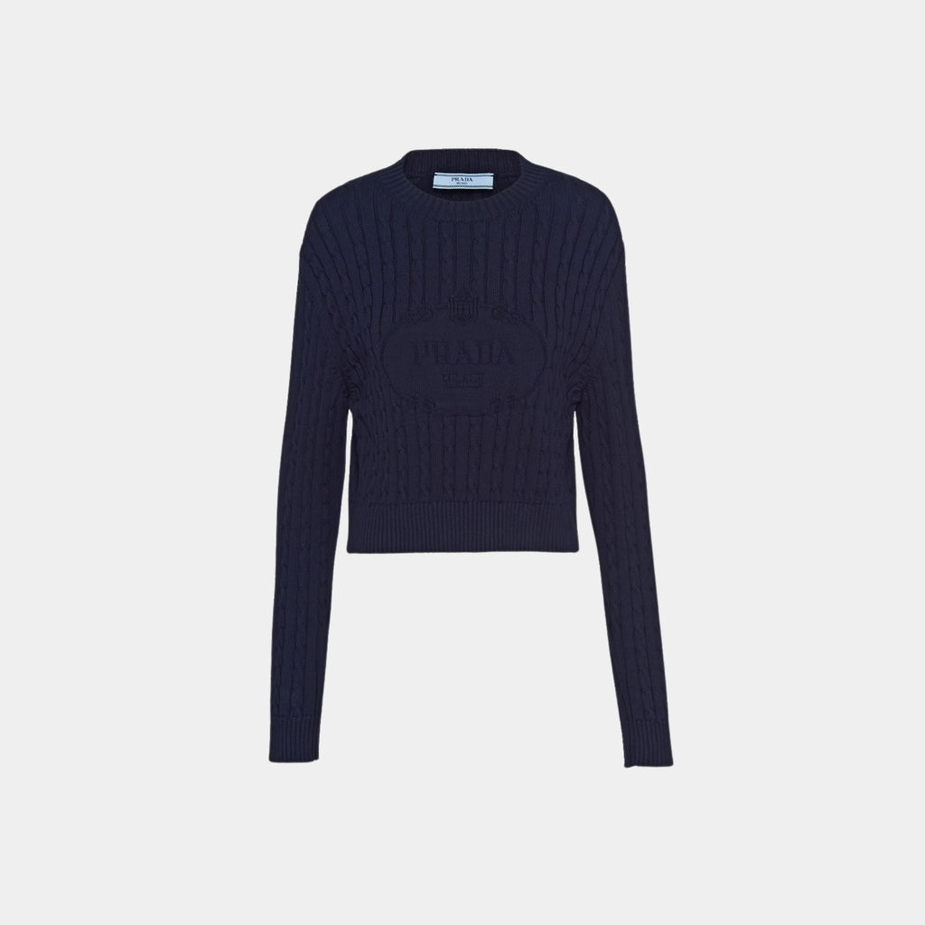 Navy Cotton Ribbed Knit Crew Neck Sweater Prada оригінал – Купити в Україні – боковий вид