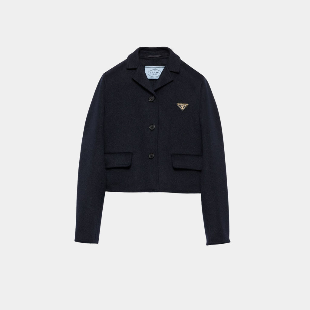 Navy Embroidered Single-Breasted Cashgora Jacket Prada – Гарантія оригінальності – боковий вид