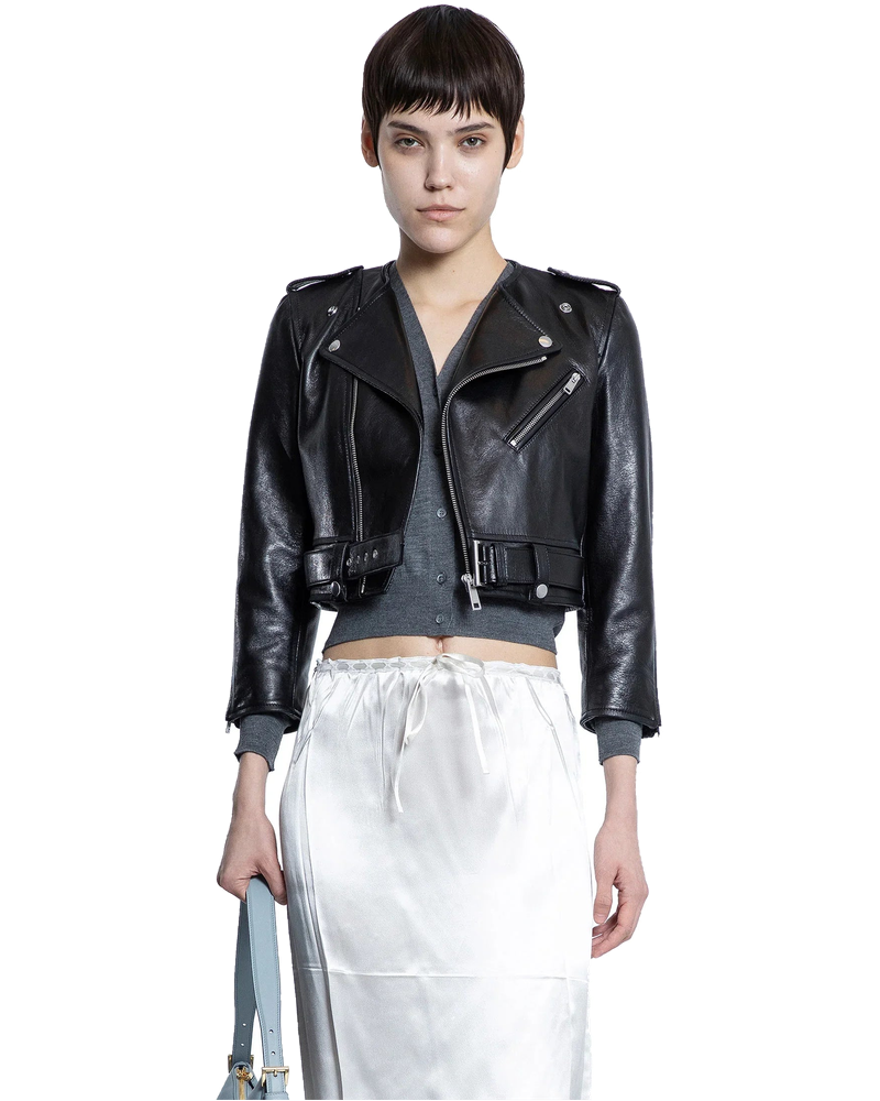 Оригінальна Cropped Leather Biker Jacket Prada