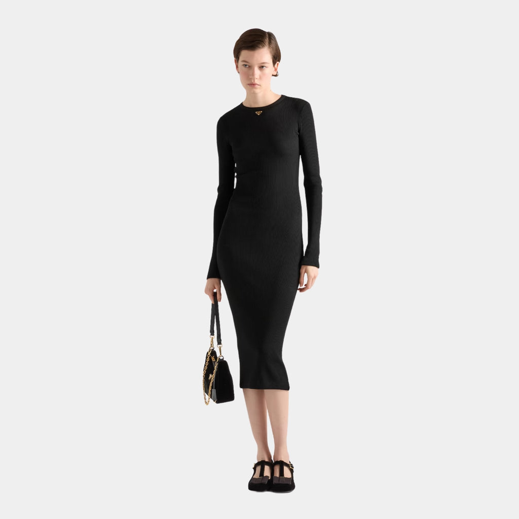 Ribbed Knit Jersey Long Sleeved Dress Prada – Гарантія оригінальності – вид ззаду