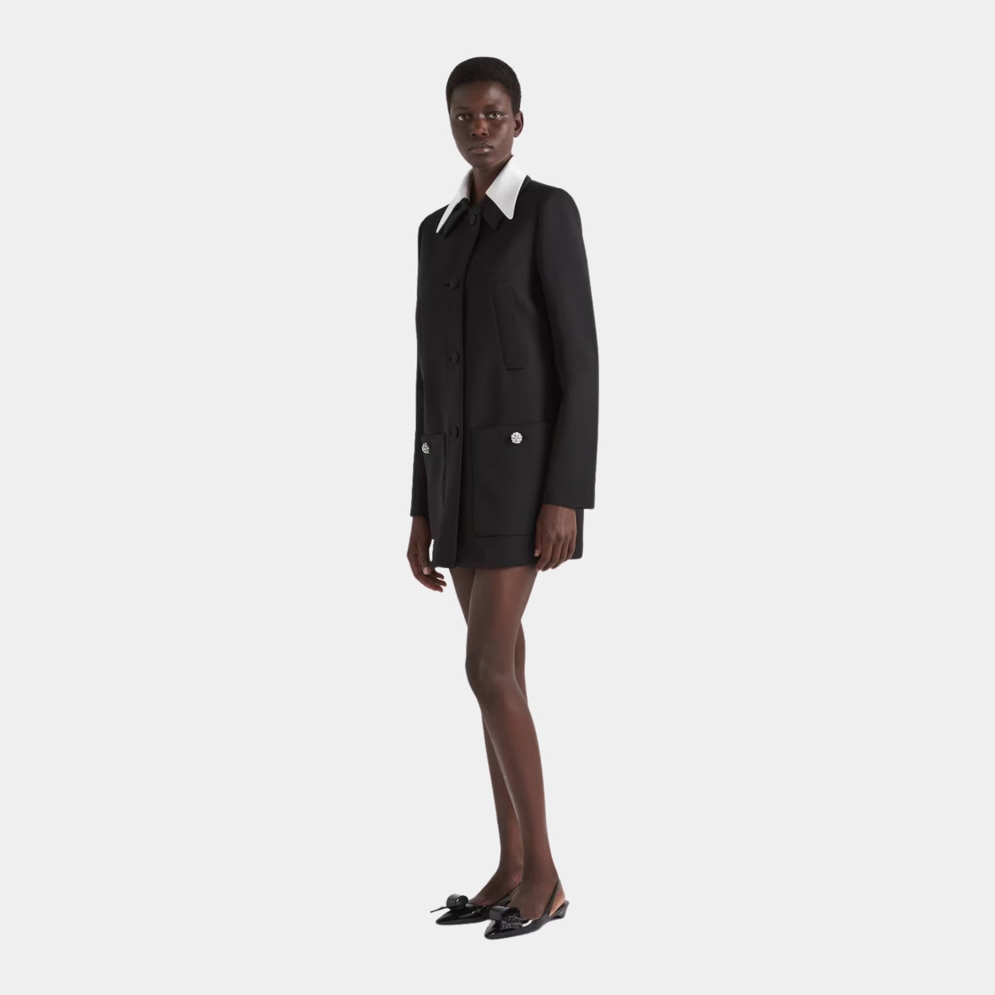 Singled-Breasted Wool Sateen Coat With Collar Prada – Гарантія оригінальності – вид ззаду