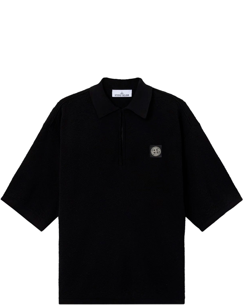 Оригінальна Black Short Sleeve Oversized Polo Shirt With Compass Zipper And Patch Stone island